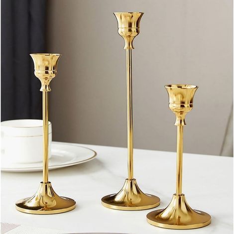 Französische goldene Kerzenständer, spitz zulaufende Kerzenhalter, 3er-Set Vintage-Kerzenhalter, Golddekoration (1/5)