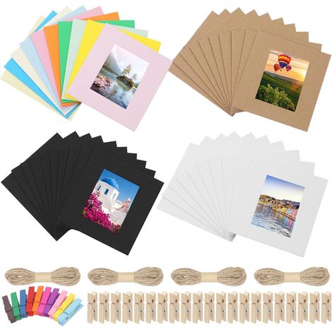 Lot de 64 photos colorées 7,6 cm, cadres suspendus, 20 clips, 4 cordes - kaki, blanc, noir. (1/5)