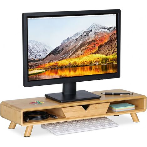 Relaxdays Monitorständer, 2 Fächer & Schublade, HBT: 13 x 62 x 20,5 cm, Bambus, Schreibtisch, Bildschirmpodest, natur