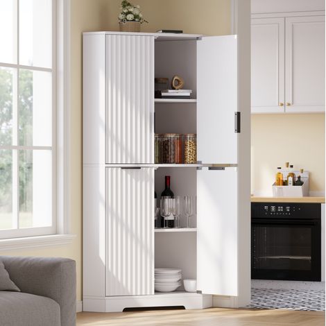 Armario esquinero alto blanco con 4 puertas onduladas, estantes ajustables y almacenaje para cocina o salón – CHICFURN, diseño compacto de 60 × 60 × 172 cm (1/5)