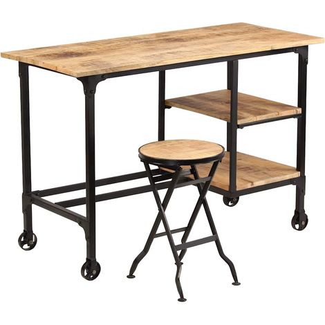 Bureau avec tabouret pliant Bureau informatique - Table d'ordinateur Bois de manguier massif 115x50x76cm BV525457 - BonneVie (1/5)