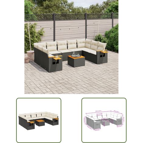 The Living Store Salon de jardin 10 pcs avec coussins noir résine tressée - Salon De Jardin - Canapé Extérieur - Mobilier De Jardin - Set Salon De Jardin - Résine Tressée (1/3)