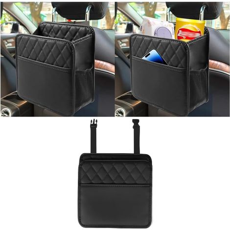 Organizer in pelle per schienale sedile auto, nero Design a tre tasche con finestra trasparente, chiusura con cinturino elastico, compatibile con la maggior parte delle auto (1/4)