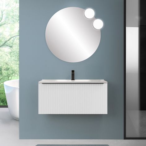 Mobile bagno sospeso 100 cm bianco opaco cannettato con cassetto e lavabo Nara (1/5)