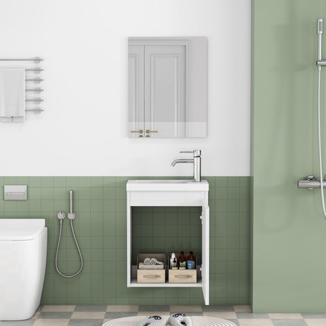 Meuble de salle de bain avec vasque 40 cm blanc brillant, mural, avec miroir HAVRYA (1/5)