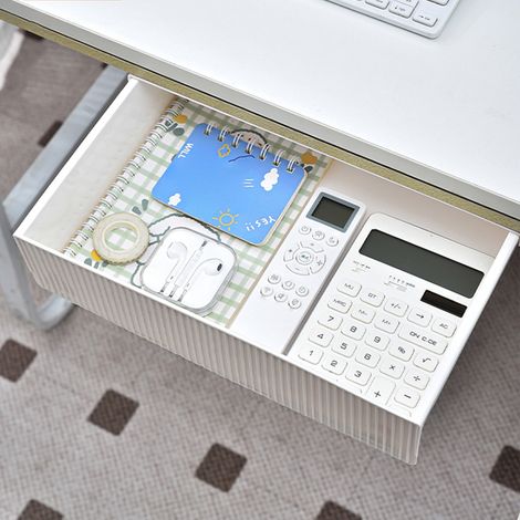 Tiroir De Rangement Sous Bureau - Boîte De Stockage Adhésive En PP - Pour Bureau Et Maison - Capacité Grande - 33 x 23,5 x 7,5 cm - Blanc - 1 Pièce (1/5)