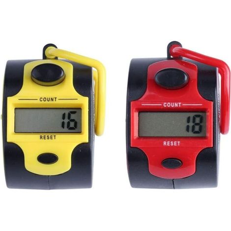 Juego de 2 contadores electrónicos digitales manuales con anillo para el dedo, pulsador de golf y números de Buda (rojo + amarillo). (1/4)