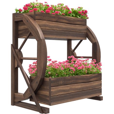 Fioriera in Legno da Esterno a 2 Livelli con 3 Vasi e Ruote di Carro Stile Country, 55x32x56cm