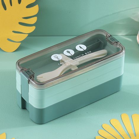MINKUROW Bento Box Caja De Almuerzo De Plástico De 3 Capas Almacenamiento De Alimentos Vajilla Segura Para Microondas Con Tenedor Cuchillo Para El Hogar Escuela Oficina Verde (1/5)