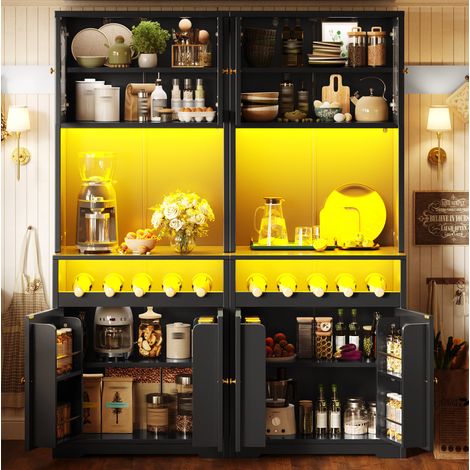 Ensemble de 2 buffets hauts noirs 180 cm avec LED RGB, portes vitrées et porte-bouteilles (1/5)