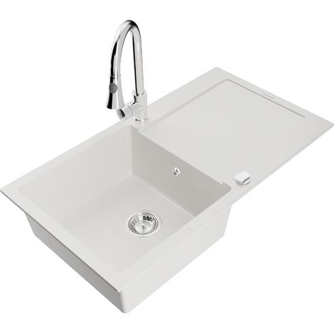 Mexen Leo fregadero de granito de 1 seno con escurridor y grifo de cocina Elia, blanco - 6501-20-670101-00 (1/5)