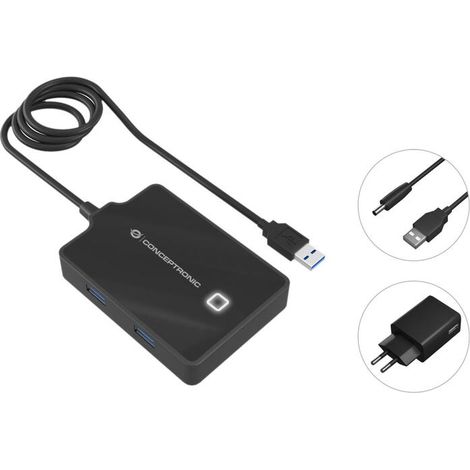 HUB USB3.0 CONCEPTRONIC  HUBBIES11B 4 PUERTOS Y CABLE DE 90CM CON ALIMENTADOR (1/3)