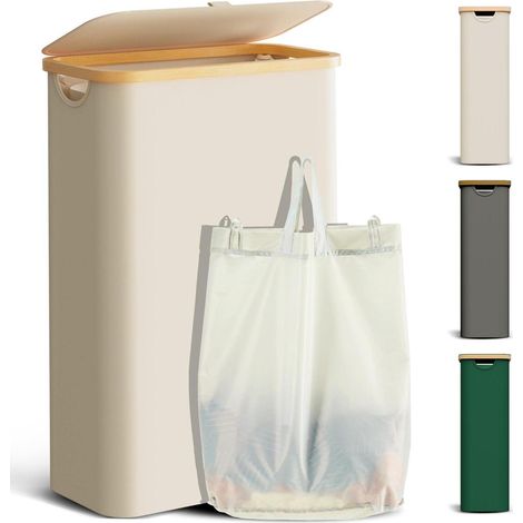 Wäschekorb Deckel Bambus Wäschesack Wäschesortierer 48L(Slim) Beige (1/5)