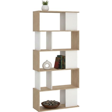 Dmora - Libreria Coralie, Scaffale da ufficio, Mobile portalibri, Biblioteca, 80x30 h174 cm, Rovere e Bianco