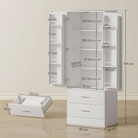Buffet de cuisine avec 8 étagères à épices et 2 tiroirs, 60 x 40 x 159 cm, blanc (1/5)