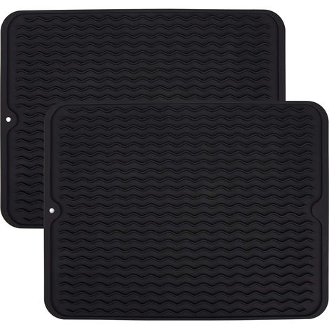 2 Pack Silicone Dish Drying Mat 40 x 30cm Dish Drainer Tray Dish Drainer Rack Heat Resistant Non-Slip for Kitchen Countertop Black (1/5)