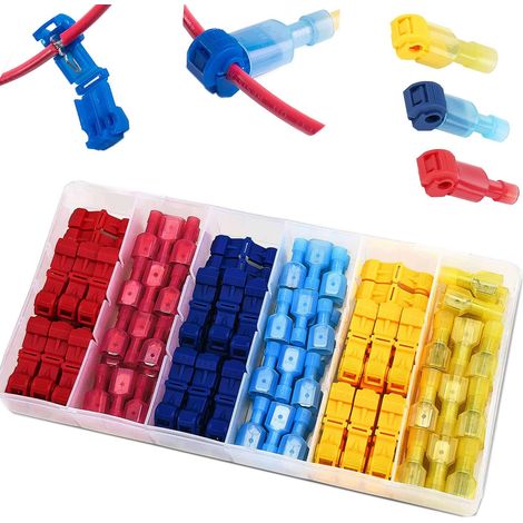 120Pcs Connecteur de fil T-Connector, connecteur rapide de cosse électrique, connecteur rapide T-Tap, Kit de connecteur terminal entièrement isolé-bleu x 40pcs,jaune x 40pcs,Rouge x 40pcs