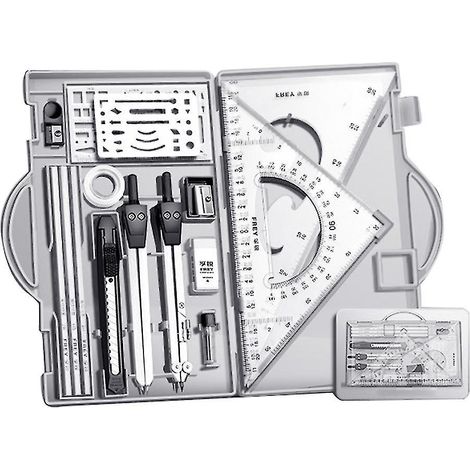 Ensemble d'architecte, ensemble de géométrie professionnelle, ensemble compas et rapporteur, outils de dessin technique, blanc transparent