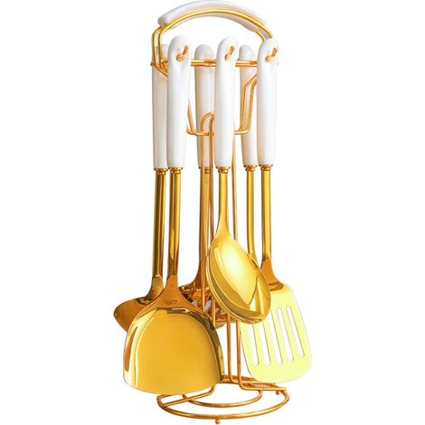 Juego de utensilios de cocina de 7 piezas, acero inoxidable 304, mango de cerámica blanca, espátula, cucharón, espumadera, para la preparación de comidas. (1/5)