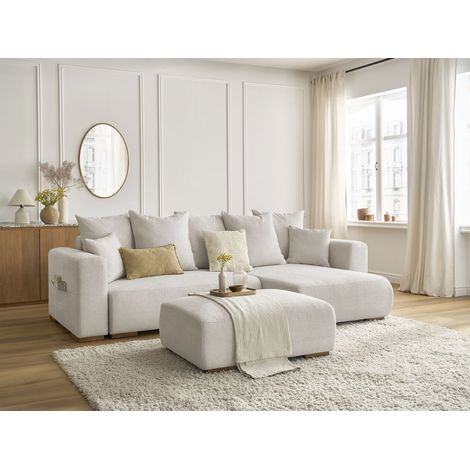BOBOCHIC - Canapé d'angle convertible réversible coffre SIDONIE tissu chiné avec pouf   Beige (1/5)