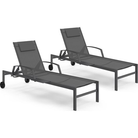 Set di 2 lettini da giardino reclinabili JAVA con ripiani in acciaio grigio e tessuto grigio