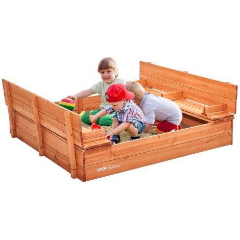 Sandkasten aus Holz, 132 x 120 x 43 cm, Sandkasten mit klappbaren Sitzbänken und Bodeneinlage, Sandkasten aus Naturholz für Kinder für den Garten, Strand, Park, Geschenk für Jungen und Mädchen im Alte (1/5)