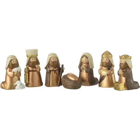 Crèche de Noël 7 Santons "Scène Nativité" 6cm Marron & Or