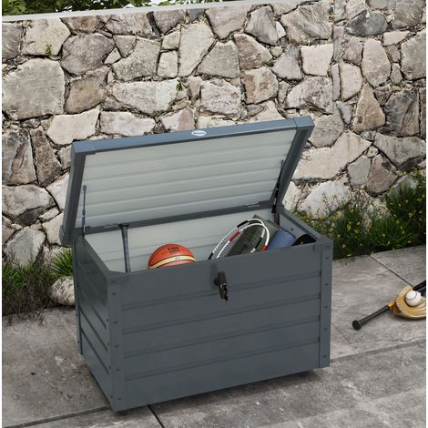 MODFU – Baule da giardino 295 L su ruote in acciaio con coperchio chiudibile a chiave, struttura galvanizzata, carico 50 kg e 2 ruote frenate – Grigio scuro (1/5)