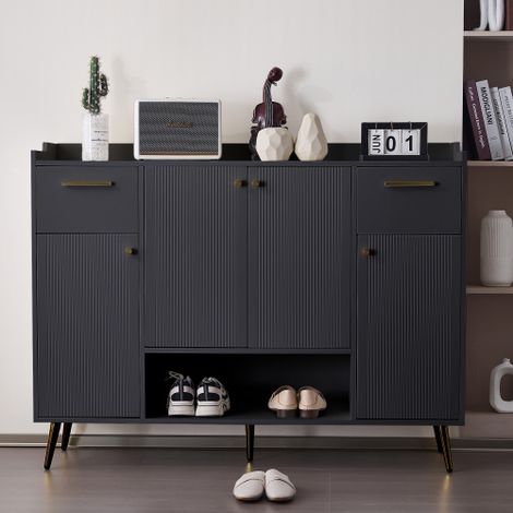 Scarpiera multifunzionale con 2 cassetti, 4 ante e vani a giorno, gambe in metallo, scarpiera moderna per ingresso, nera, 130 x 37 x 100 cm