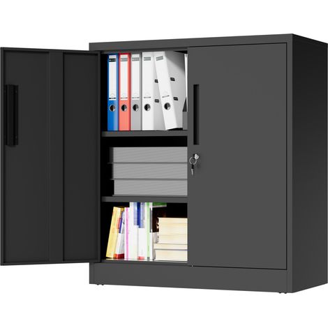 Armoire métal garage noir 80x80x40cm 2 portes verrouillables 2 étagères ajustables anti-basculement à assembler soi-même rangement atelier (1/5)