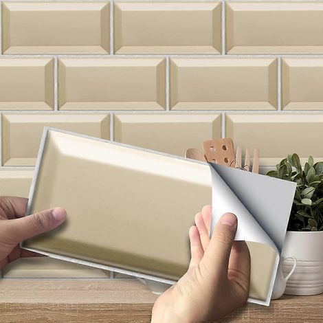 Lot de 27 stickers carrelage autocollants 20 x 10 cm, en PVC imperméable, compatibles avec les revêtements muraux de cuisine, aspect marbre beige. (1/3)