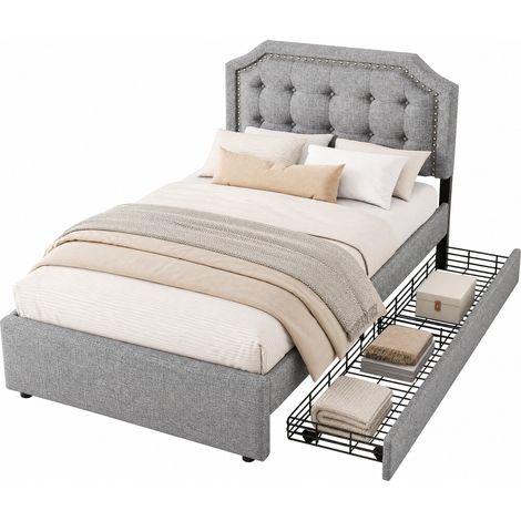 Cama tapizada 90x200 cm con dos cajones, cabecero ajustable en 3 alturas, tela gris con botones decorativos y detalles metálicos, apta para colchones de 15 a 25 cm  CHICFURN (1/5)