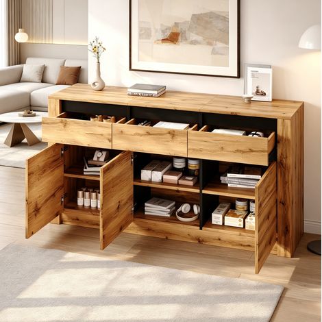 Madia con 3 Cassetti e 3 Ante, Ripiani Regolabili, Stile Moderno, Naturale, 140 × 35 × 70 cm (1/5)