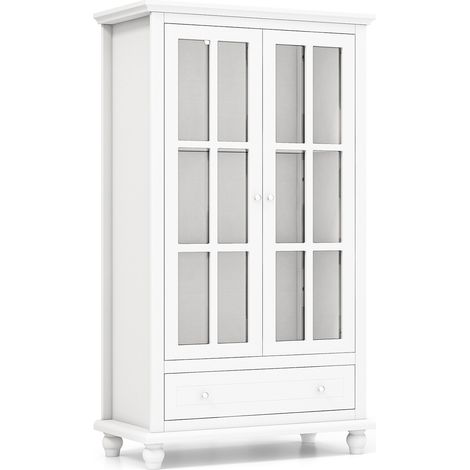 Bibliothèque 55 pouces avec portes en verre trempé, étagère réglable et tiroir, meuble de rangement blanc salon (1/5)