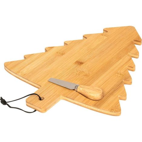 Planche en bambou en forme de sapin, avec un couteau à fromage. (1/4)