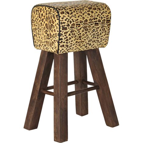 Chaise de bar Léopard en Cuir Marron et Bois Original - Marron foncé léopard (1/4)