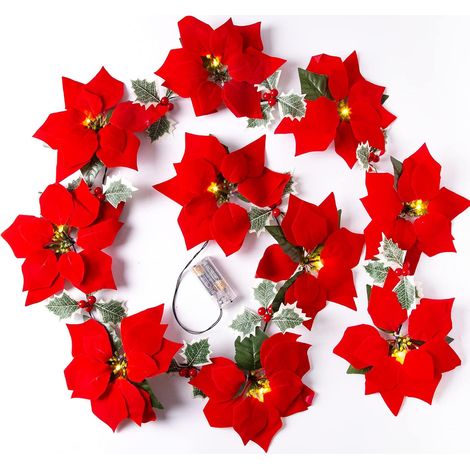 Guirlande d'étoiles de Noël, batterie d'éclairage avec des feuilles de houx de baies rouges (1/5)