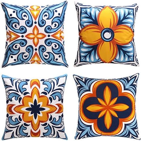 Housse De Coussin Extérieure Imprimée Boho - 18x18 Pouces - Polyester Enduit PU - Résistante À L'Eau - Pour Jardin Patio Balcon - Lot De 4 (1/5)