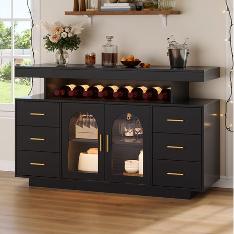 Buffet bar à vin 140x40x76 cm MDF noir, LED RGB et rangement pour salle à manger – MEUBLIV (1/5)