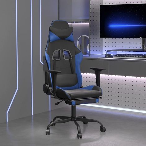 Beyamis Fauteuil de jeu massant noir et bleu avec repose-pieds, en similicuir. (1/5)