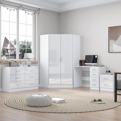 Reflect 2 Door Corner Wardrobe, 6 Drawer Chest, 2 Drawer Bedside & Desk - White Gloss & Matt White - Bedroom Furniture Set