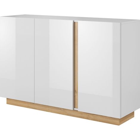 Cassettiera con vetrina, Bianco + Bianco lucido + Rovere Grandson, 138,2 x 90,5 x 40 cm