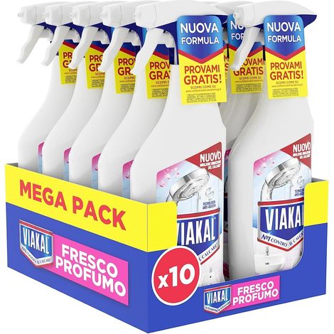 Viakal Fresco Profumo Spray Anticalcare, Confezione da 10 x 470ml, Fragranza Rosa di Primavera, Tecnologia Anti-Goccia, Elimina Fino Al 100% Di Calcare e Residui di Sapone (1/5)