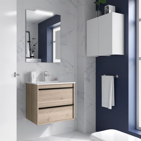 Ensemble complet ATTILA 700 2 tiroirs NATURAL + meuble-lavabo + miroir + éclairage (1/2)