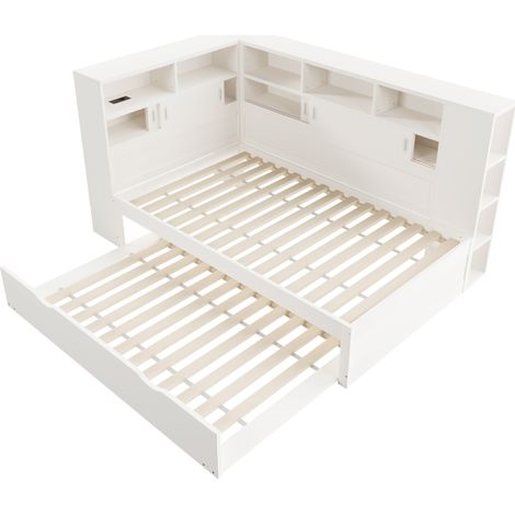 Letto bianco 90 x 200 cm con letto estraibile, contenitori e USB, senza materasso, MODENUIT (1/5)