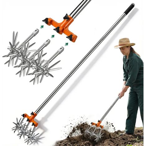 Cultivateur rotatif manuel réglable, outil de jardinage avec lames en aluminium anticorrosion, manche télescopique ergonomique, ameublisseur de sol léger et semoir à graines, pour l’entretien du jardi (1/5)