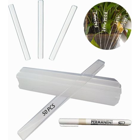 50 Pack Clear Acrylic Plant Labels for Outdoor Plants - 12.5 x 1 cm - Waterproof Marker Pens for Seeds and Plants - Plant Name Sticks with Permanent Marker Pen (1/5)