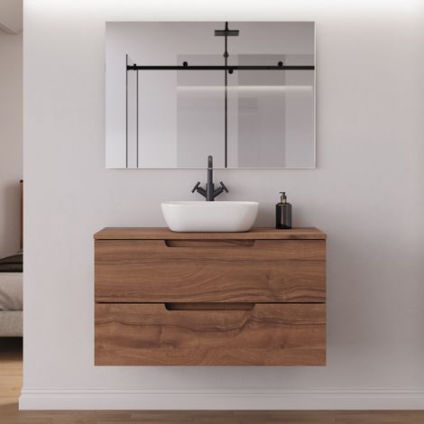 Meuble de salle de bain 100cm avec plateau et vasque à poser arrondie - 2 tiroirs - noyer (bois foncé) - SONRIZA (1/5)