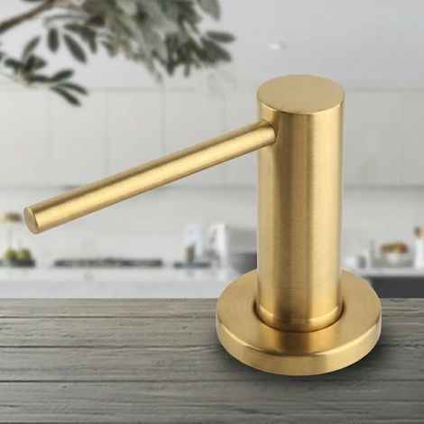 Distributeur de savon en acier inoxydable 304 massif (doré brossé) pour évier de cuisine, avec flacon de 500 ml et kit de rallonge de 119 cm. (1/5)