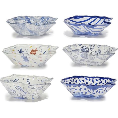 Set 6 Ciotole a Forma di Conchiglia in Vetro Piatti per Aperitivo e Buffet Tema Mare 6 Fantasie Assortite Blu e Bianco L16xP15,5xH4 cm Ideale per Tavola Elegante professionali Horeca. (1/5)